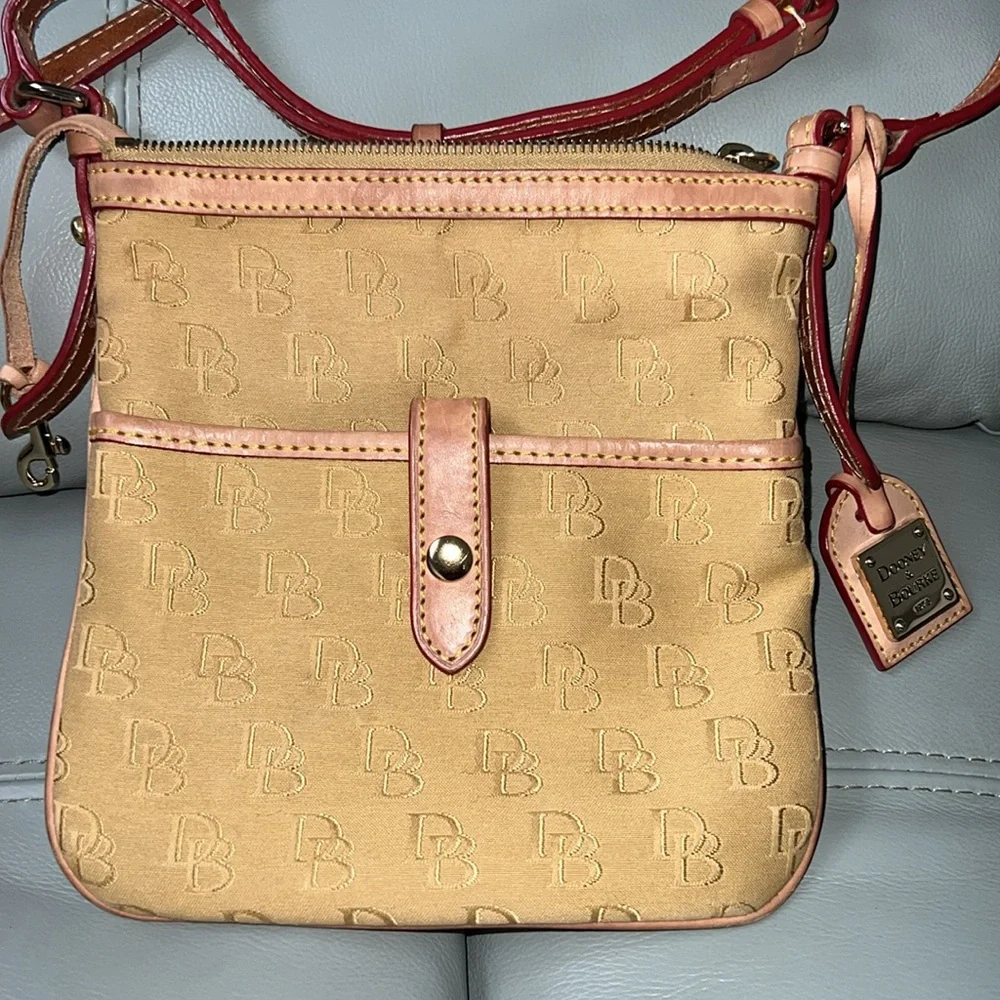 Dooney & Bourke Tan canvas DB signature Crossbody Bag with Leather Trim